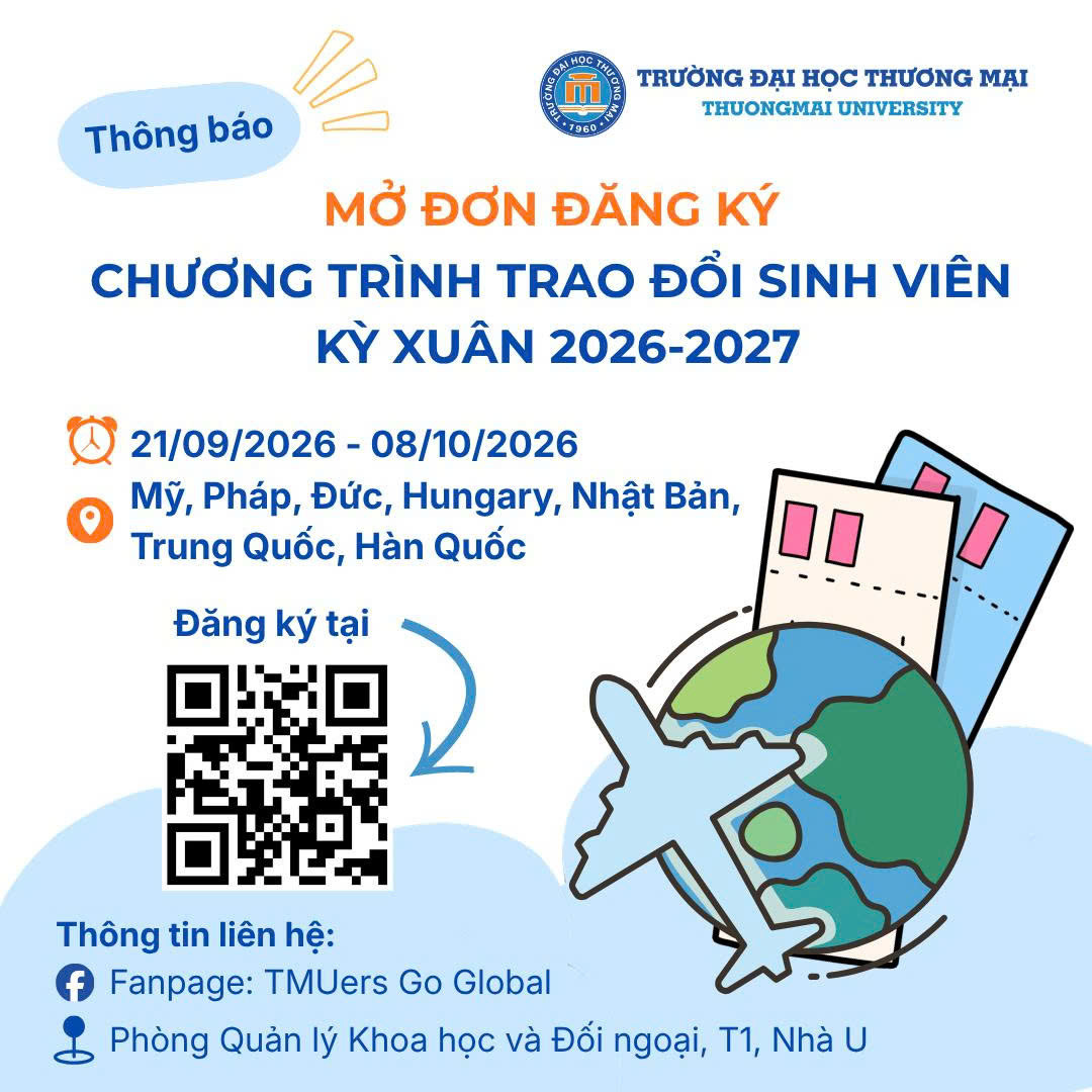 Thông báo mở đơn đăng ký ứng tuyển chương trình trao đổi sinh viên quốc tế kỳ mùa xuân 2026 - 2027