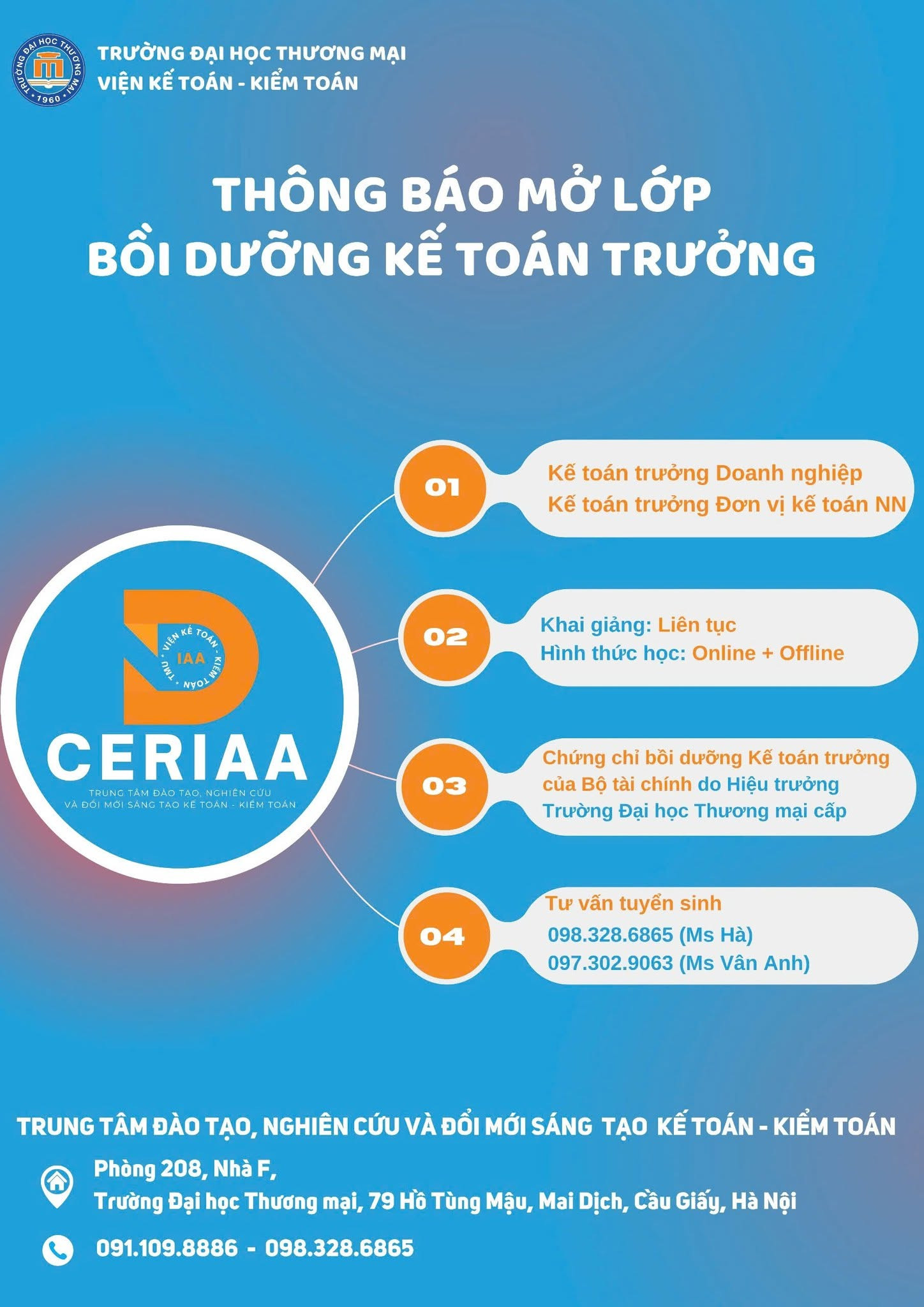 Thông báo mở lớp bồi dưỡng chứng chỉ Kế toán Trưởng
