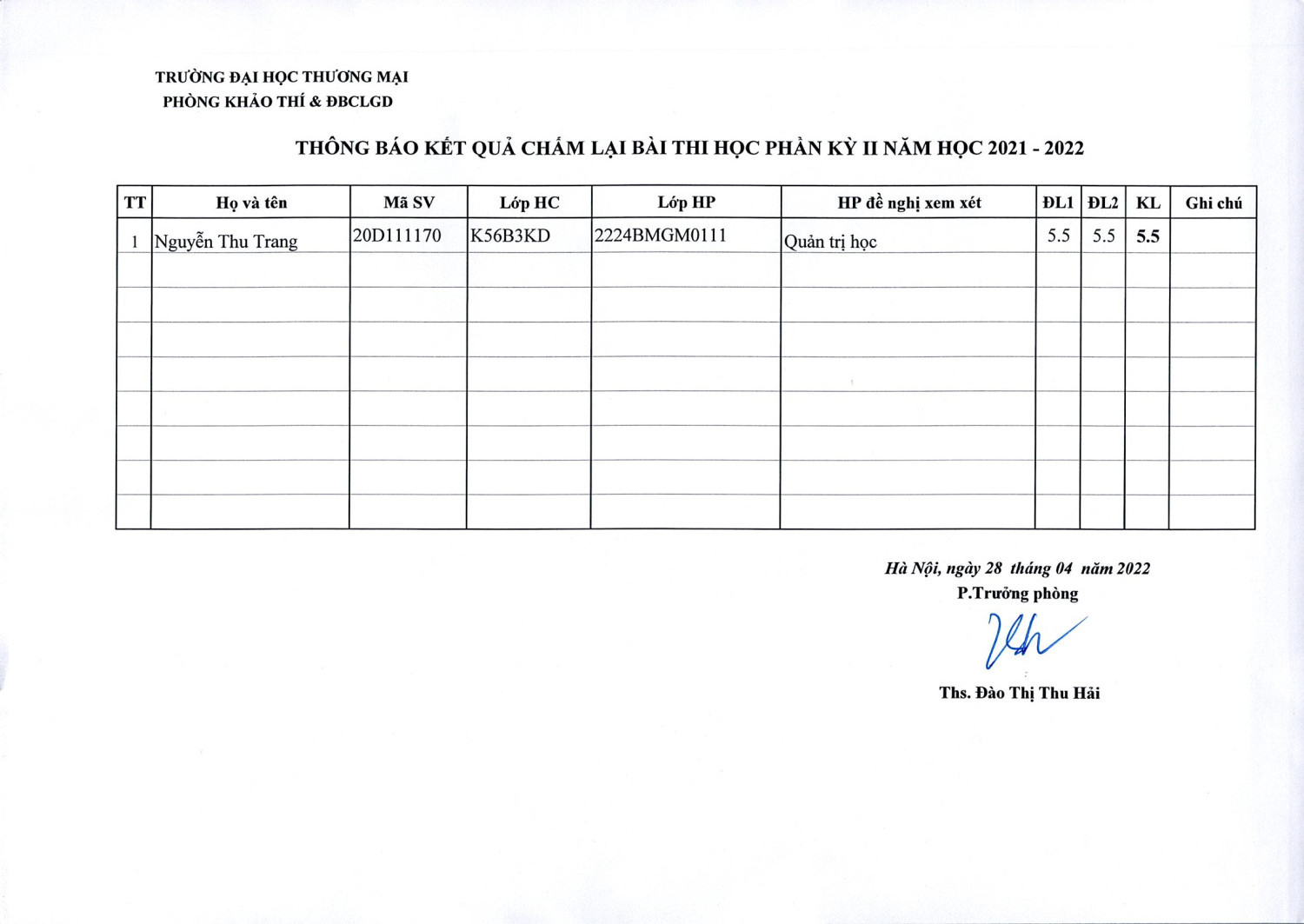 Thông báo kết quả chấm lại bài thi học phần kỳ 2 (2021-2022) -Lần 2