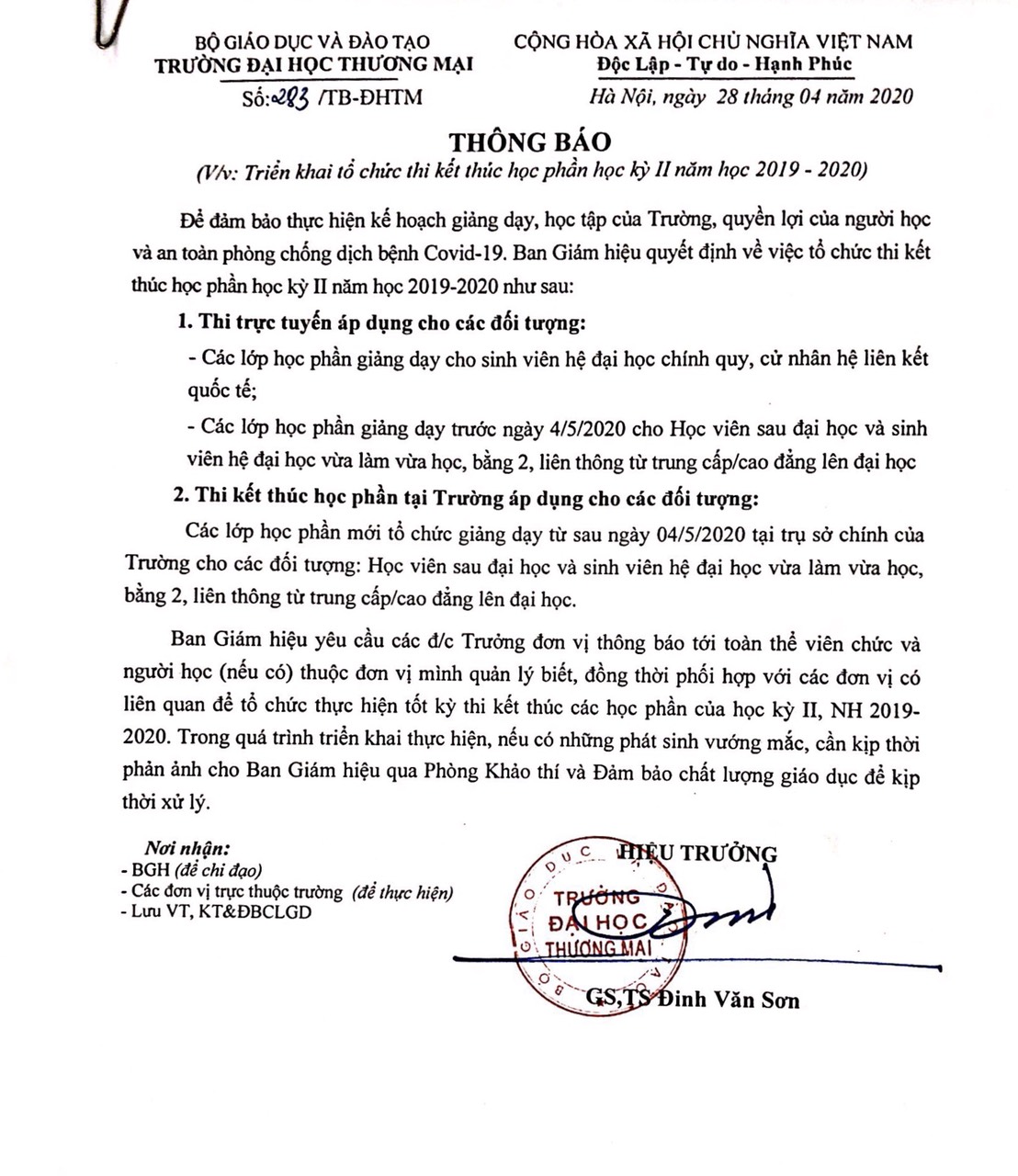 Thông báo triển khai tổ chức thi kết thúc học phần học kỳ II năm học 2019-2020